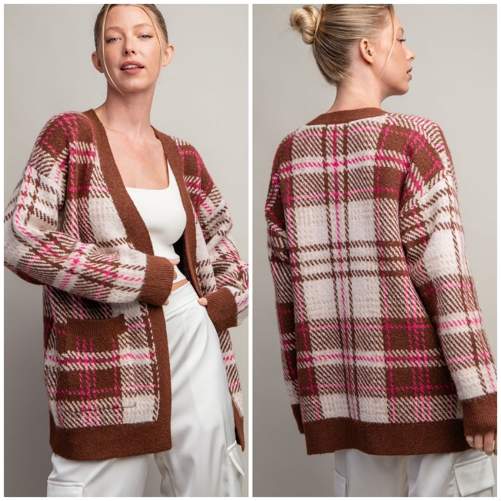 ee:some Cozy Chic Brown Plaid Cardigan - Picture 2 of 13